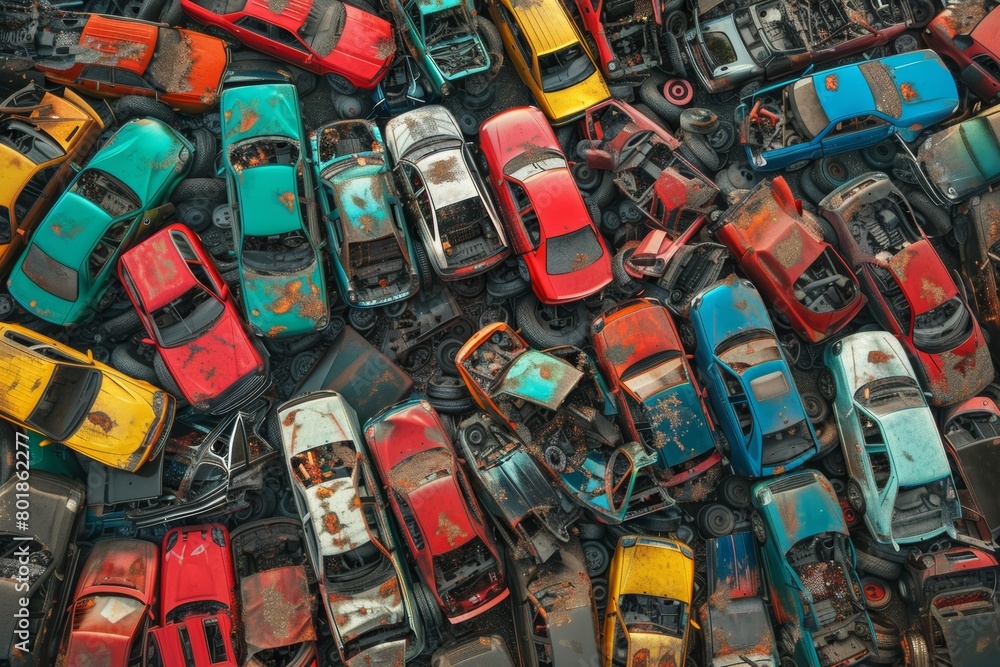 ..Junkyard pile towers with rusting abandoned cars, eerie and chaotic ..Junkyard pile towers with rusting abandoned cars, eerie and chaotic