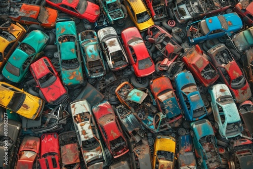 ..Junkyard pile towers with rusting abandoned cars, eerie and chaotic © Наталья Добровольска