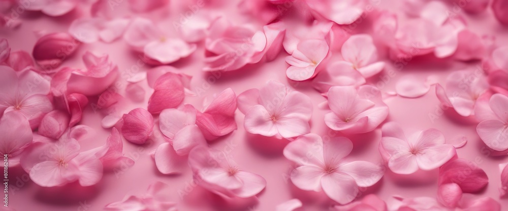 Fototapeta premium Petals of pink rose spa background. Realistic flying sakura cherry flower petals elements for romant