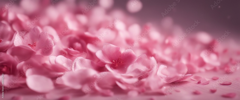 Fototapeta premium Petals of pink rose spa background. Realistic flying sakura cherry flower petals elements for romant