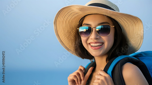  Happy Youthful Asian sightseer woman wearing sand chapeau, sunglasses and packs going to travel on leaves on pink background. 