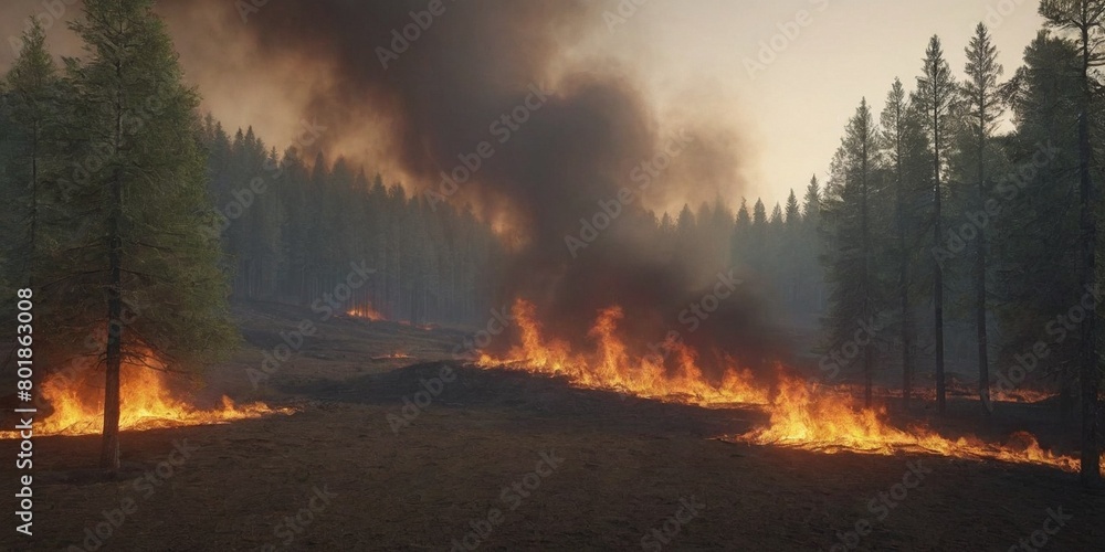 Forest fire in a pine forest at sunset. Panoramic view. Forest fire in a pine forest at sunset. Panoramic view.