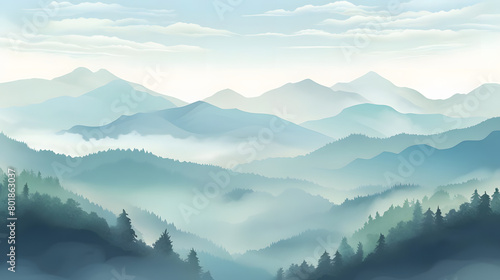 Misty Morning Mountain, Realistic Mountain Panorama, Realistic Mountains Landscape. Vector Background