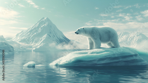 A polar bear on a small melting iceberg or ice floe in Antarctica or Arctic sea with glaciers background. iceberg global warming  climate changes.