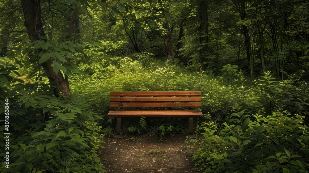 Wooden bench in green outdoor garden Wooden bench in green outdoor garden