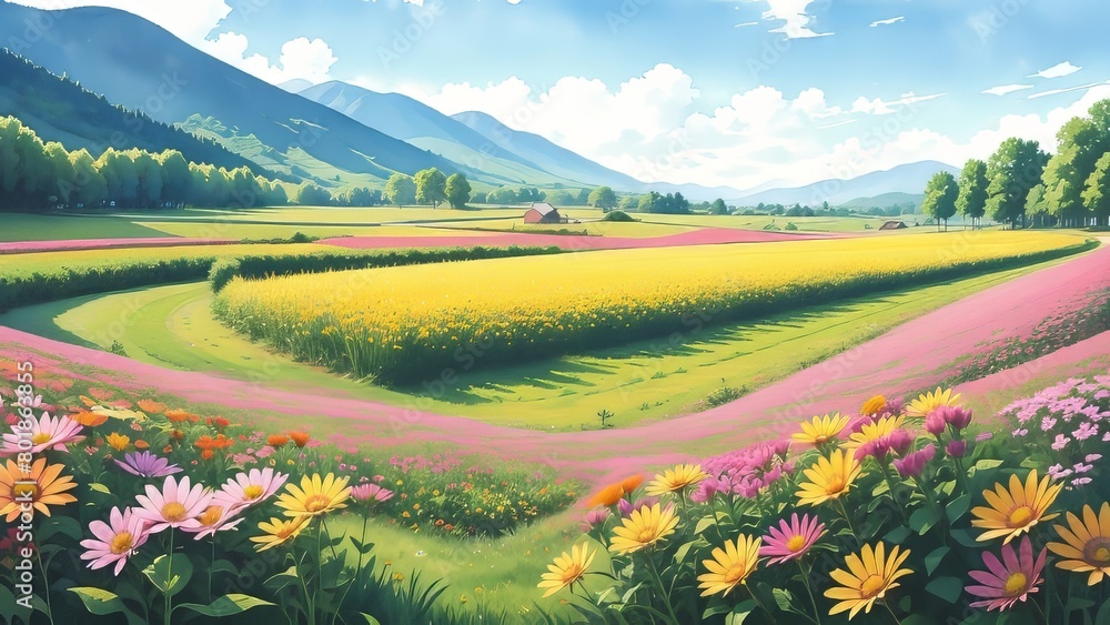 Picturesque fields, colorful with many colorful flowers. A picture of abundance and beauty in nature. Watercolor illustration, AI Generated