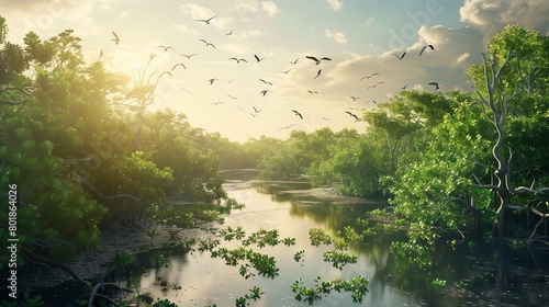 A panoramic view of a coastal wetland teeming with birdlife and mangrove trees  highlighting the importance of wetland conservation on Earth Day