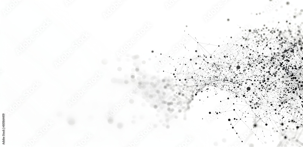 Abstract black and white digital network with dots, lines or particles on the right side of an empty space on a white background Abstract concept for technology, data transfer, or internet connection 