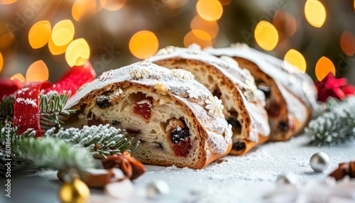 Exquisite stollen bread close up on white tabletop with glistening frosting layer