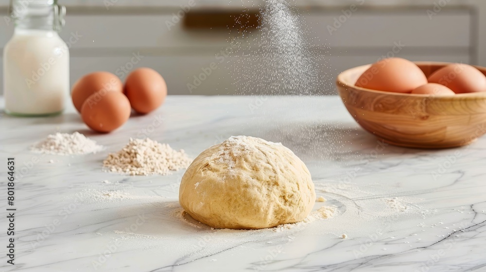 Bread dough preparation with ingredients in bright, airy kitchen setting for baking enthusiasts Bread dough preparation with ingredients in bright, airy kitchen setting for baking enthusiasts