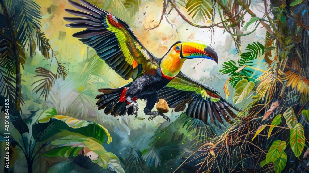 A colorful toucan gracefully landing at its nest, ready to regurgitate fruit to feed its waiting chicks. A colorful toucan gracefully landing at its nest, ready to regurgitate fruit to feed its waiting chicks.