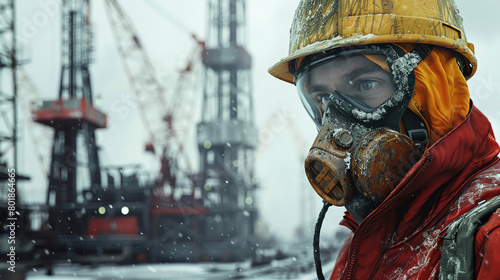 Closeup of a worker in protective gear inspecting machinery at an oil drilling site with oil derricks in the background photo