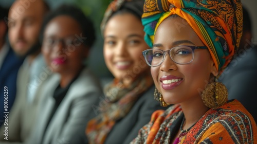 Group of diverse African women in a conference room, vibrant smiles and modern traditional attire, Concept of professional development, empowerment, and vibrant workplace diversity.