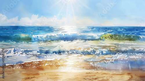 Sunlit Beach Watercolor Painting., International Sun Day, the importance of solar energy, Sun’s contributions to life on Earth.