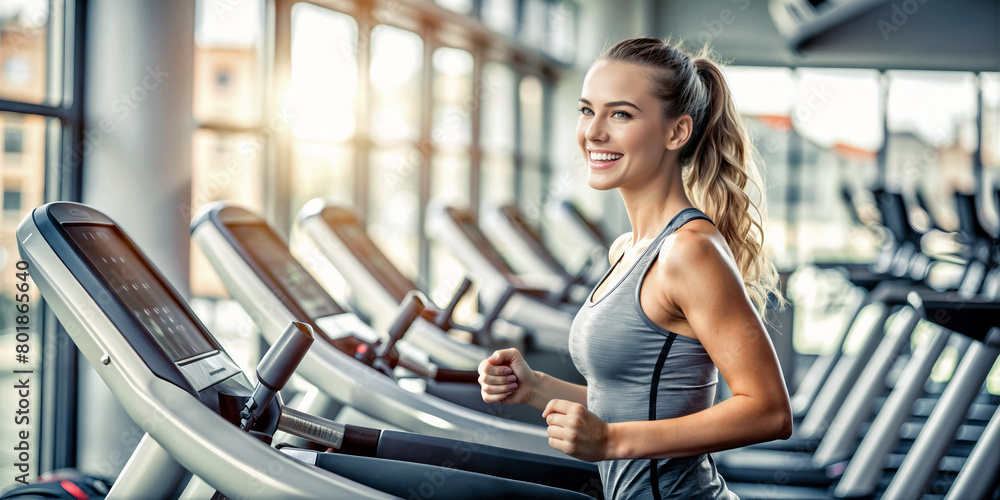 Fototapeta premium A woman with ponytail running on a treadmill in the gym