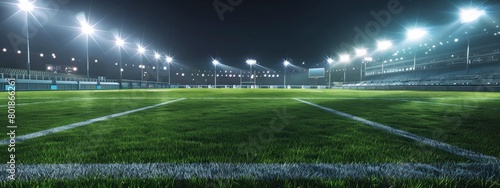 empty stadium with grass field bright and lights in the background at night time © Image