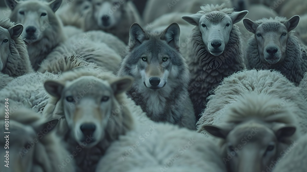 Obraz premium A wolf hiding among a flock of sheep, leading the way or waiting for the right moment to act - Concept of identity and difference, of being unique among others, or metaphor for hidden risk and danger