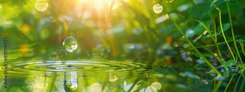 A dewdrop on the edge of grass, reflecting sunlight and creating ripples in the water below. The background is greenery photo