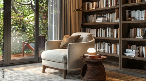 A cozy mini-modern reading nook with a comfortable chair, a small side table, and shelves filled with books for leisurely reading.