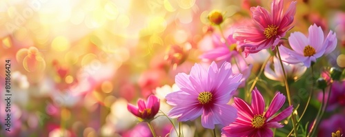 A field of colorful wildflowers, with the sun light and blur background © Image