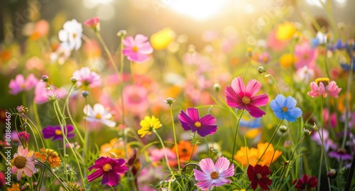 A field of colorful wildflowers, with the sun light and blur background