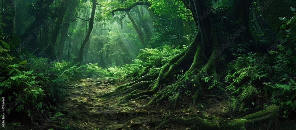 A lush green forest with trees, path, light and roots