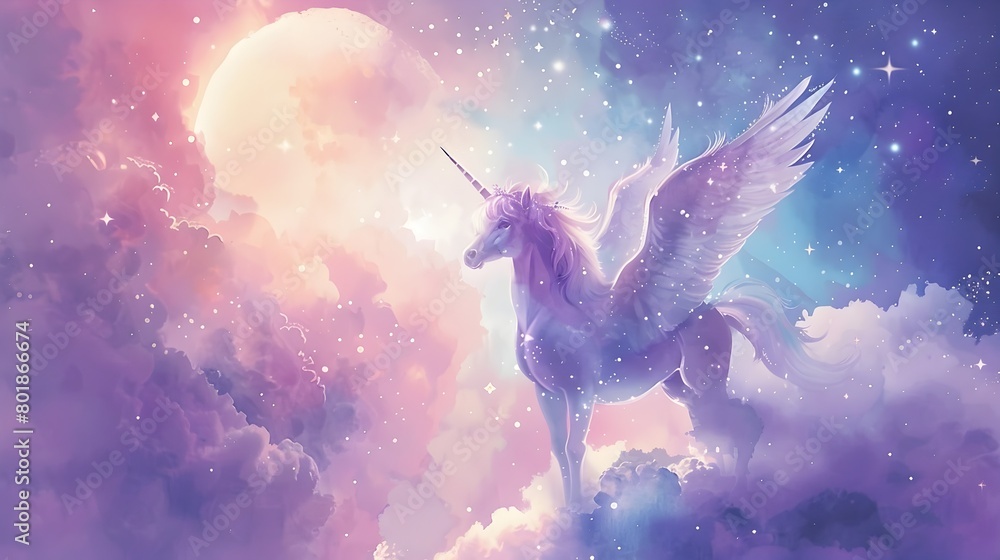 Magical Winged Unicorn and Fairy Overlooking Heavenly Panorama Magical Winged Unicorn and Fairy Overlooking Heavenly Panorama