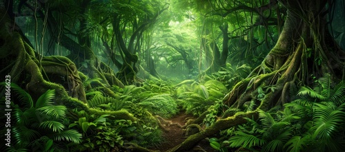 A lush green forest with trees  path  light and roots