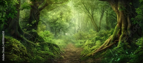 A lush green forest with trees  path  light and roots