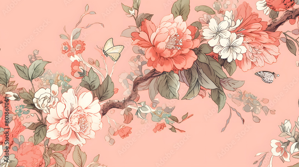 Fototapeta premium Digital vintage pen art flowers and leaf abstract graphic poster background