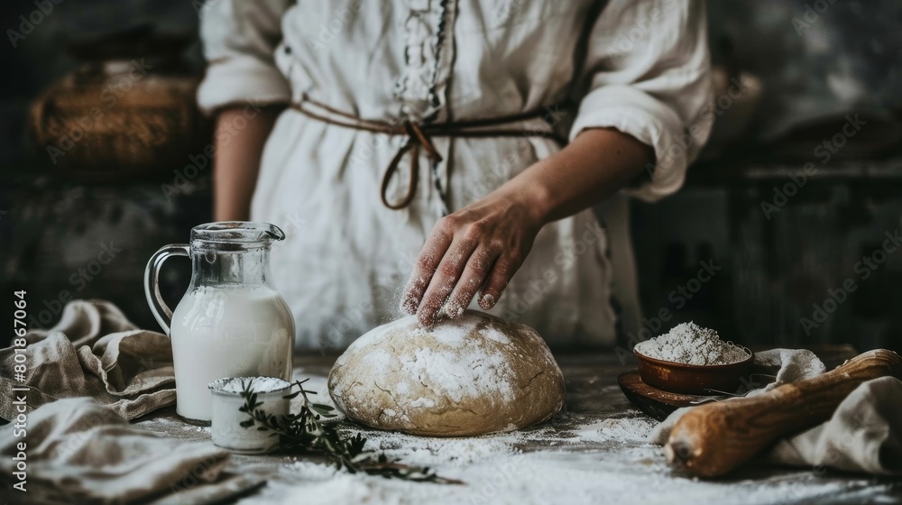 Fototapeta premium Tranquil kitchen scene kneading dough with flour and milk in minimalist setting