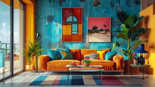 Modern and vibrant living room setup for a young person, blending diverse interior styles and colors to reflect a dynamic lifestyle and personal interests © Paul