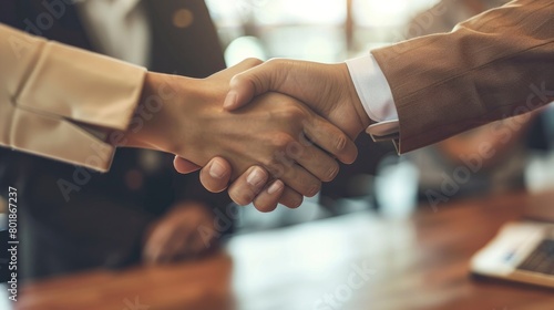 business people shaking hands at a conference table in an office photo