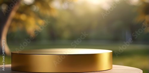 visually appealing artwork featuring a glamorously golden podium with a subtle abstract background photo