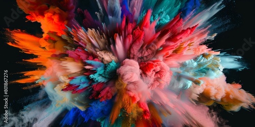 A colorful explosion of paint is depicted in the image, with a mix of red, blue