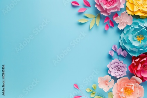 blue background with colorful paper flowers art on the right side