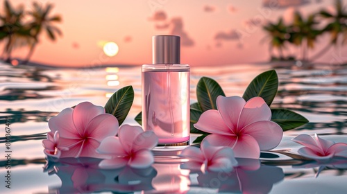 A bottle of perfume on a beach at sunset with palm trees and flowers.
