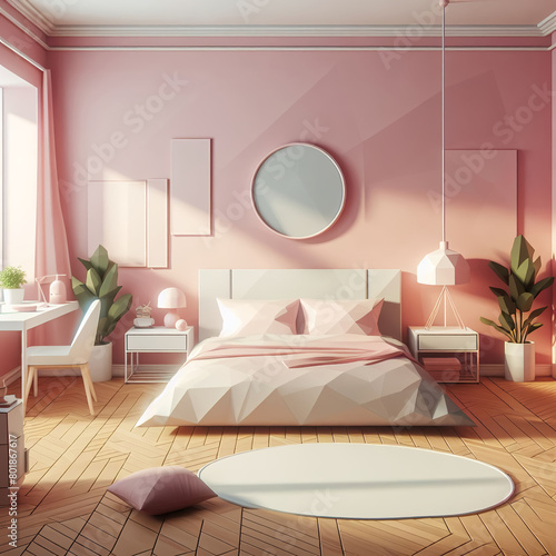 minimalist bedroom interior in pink colors