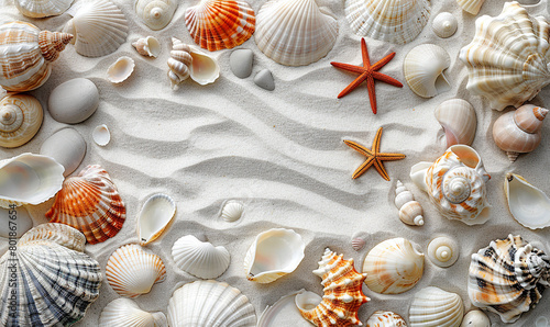 A variety of seashells and a starfish scattered on a sandy shore with gentle shadows. Generate AI © VinaAmeliaGRPHIC