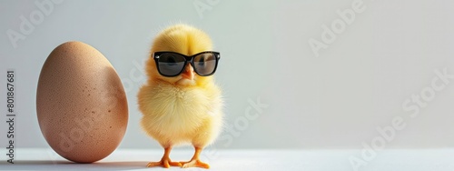yellow chick with sunglasses on white background standing next to an egg, photo
