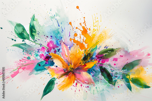 Watercolor painting, colorful splashes on a white floral background