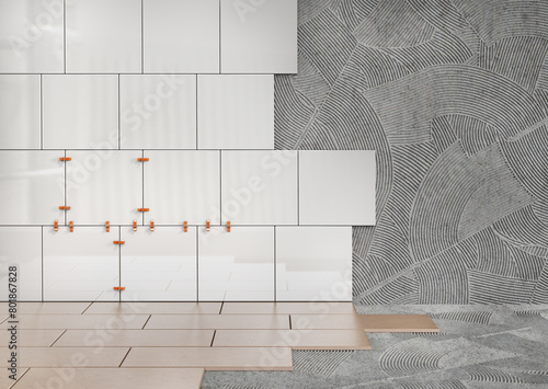 Ceramic tiles on the wall and floor in the install process. 3d illustration
