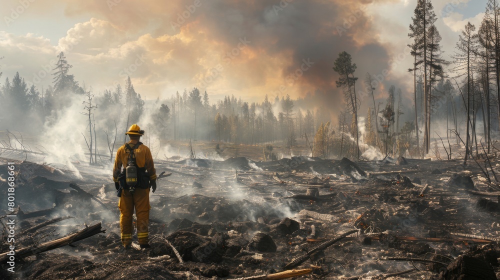 A firefighter standing amidst smoldering ruins, surveying the aftermath of a fierce forest fire.