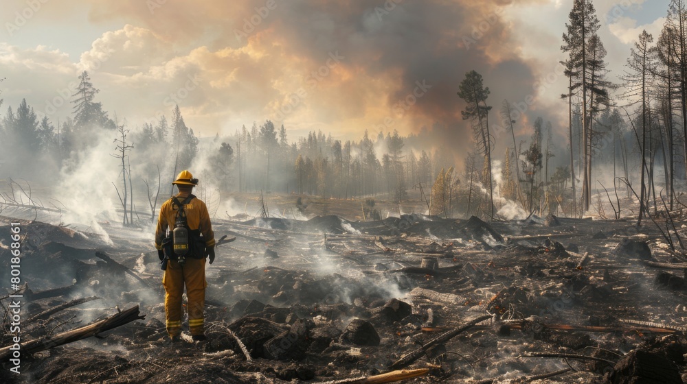 Obraz premium A firefighter standing amidst smoldering ruins, surveying the aftermath of a fierce forest fire.
