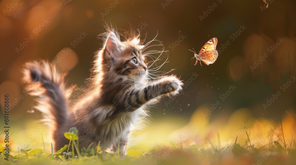 A fluffy Maine Coon kitten eagerly pouncing on a passing butterfly, eyes sparkling with delight. A fluffy Maine Coon kitten eagerly pouncing on a passing butterfly, eyes sparkling with delight.