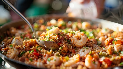 Scoop of colorful jambalaya being served, capturing the essence of Cajun and Creole flavors for a food festival photo