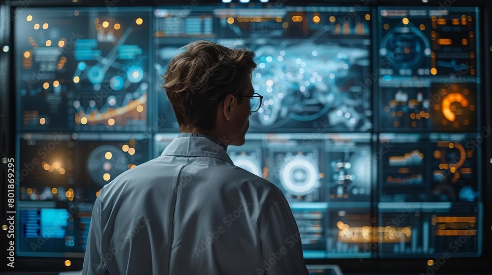 A professional using AI technology for document review, visible data points and analytics on a large monitor. A professional using AI technology for document review, visible data points and analytics on a large monitor.