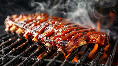 Smoky barbecue ribs with glossy sauce on a grill, smoke rising, perfect for a BBQ restaurant banner photo