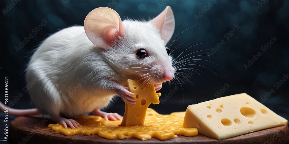 Fototapeta premium White mouse and cheese on a dark background. Close-up.