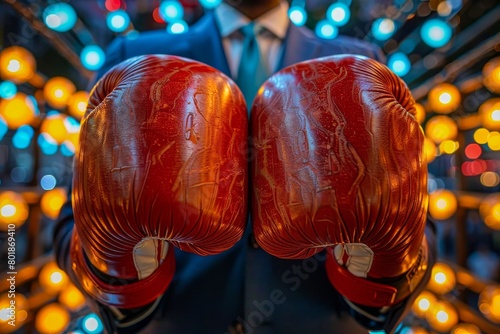 A man in a suit with red boxing gloves on. photo